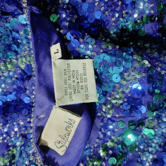 Vintage Styleworks Sequined Silk & Polyester Top Short Sleeve Blue & Green Women - Picture 8 of 10